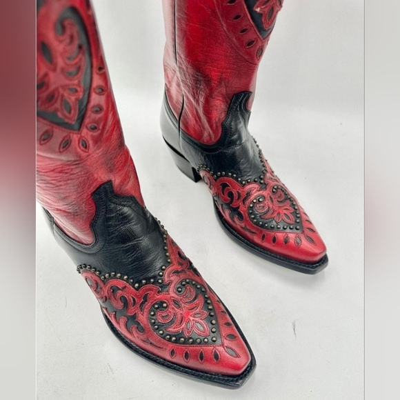 Allen's Boots Red And Black Hearts Inlay Studded Leather Western Boots Women's 7 - Picture 4 of 8
